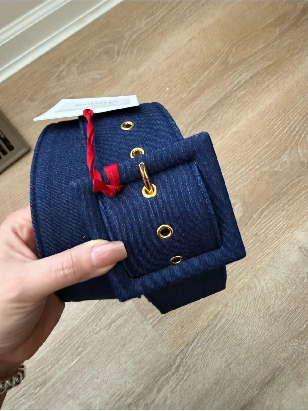 Carolina Herrera Navy Wide Denim Fabric Belt with Covered Square Buckle NWT XL